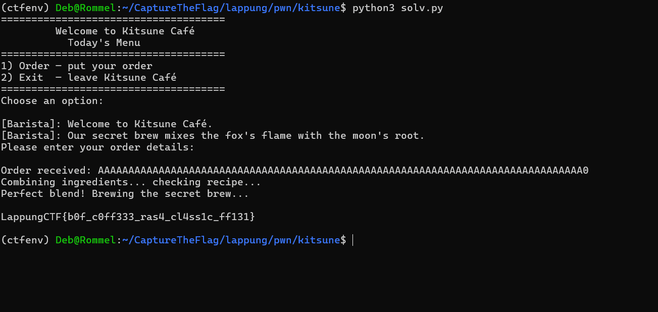 LappungCTF Vol 2.0 - Kitsune Café (PWN)